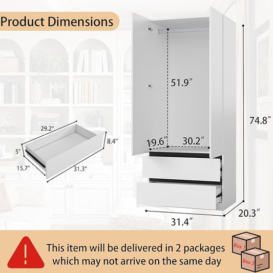 White Armoire Wardrobe Closet: 75" Large Wardrobe Closet with 4 Doors, Modern Bedroom Armoires with 4 Drawers, Tall Wood Closets for Hanging Clothes