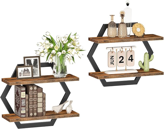 CHOEZON Hexagon Floating Shelves for Wall, Set of 2, 2 -Tier Hanging Shelves, Wall Mounted Storage Shelves, for Living Room, Bedroom, Kitchen, Home Office, Study, Rustic Brown and Black TBJ06P2BF