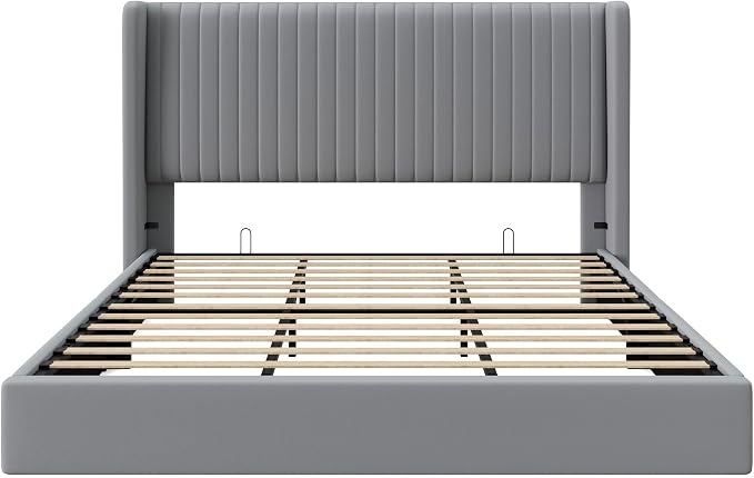 Allewie King Size Lift Up Storage Bed Frame, Hydraulic Support System, Upholstered Platform Bed Frame, Underneath Storage, Vertical Channel Tufted Headboard with Wingback, No Box Spring Needed, Grey