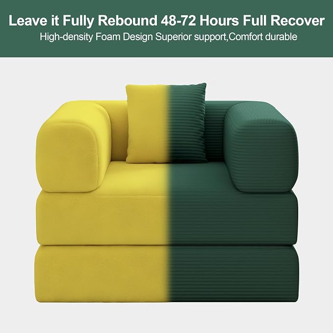 Single Couch Sofa for Small Spaces 2 in 1 Convertible Sofa to Lounger Comfy Bean Bag Chair for Adults with Removable Cover with Pillows for Bedroom, Apartment, Office (Green, 35.43" Single Sofa)