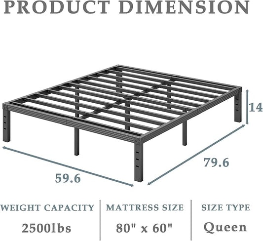 FSCHOS Bed-Frame-Queen, 14 Inch Metal Platform Bed-Frame No Box Spring Needed, Heavy Duty, Easy Assembly, Noise Free, Black