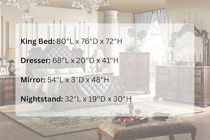 First of a Kind Santa Monica Traditional 4 Piece King Bedroom Set with Upholstered Tufted Headboard Elegant Classic Design Coordinated Furniture Collection, Cherry