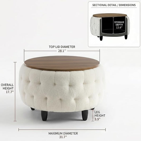 Large Round Storage Ottoman Coffee Table with Wooden Tabletop, 32 Inches Teddy Fleece Tufted Ottoman for Living Room, Bedroom, Apartments (White)
