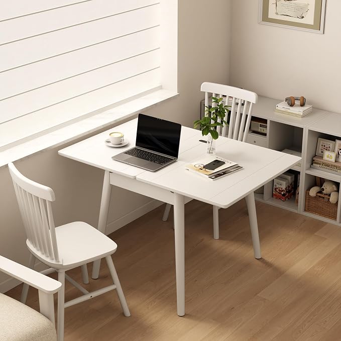 Solid Wood Small Dining Table for 2-6, 23.6"L-47.2"L Expandable Kitchen Table, Designed for Small Spaces, Easy Assembly, Suitable for Kitchen, Dining Room, Living Room, Apartment (White)