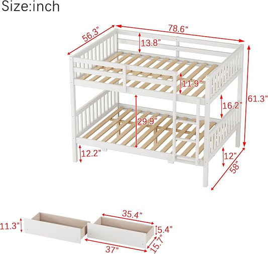 Harper & Bright Designs Full Over Full Bunk Bed with 2 Drawers, Convertible into 2 Beds, Bunk Bed with Ladder and Safety Guardrails, White