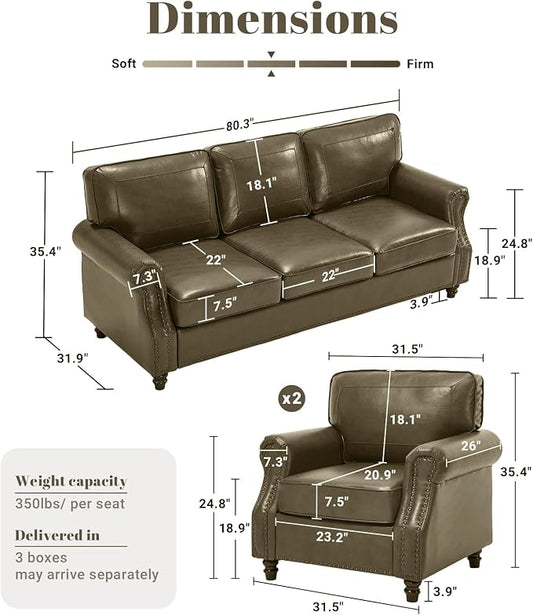 Kingfun 3 Seater Sofa, Mid-Century Modern Faux Leather Couch Set for Living Room, Darkcoffee with Rolled Arms & Nailhead Trim, Easy Assembly, Olive Green