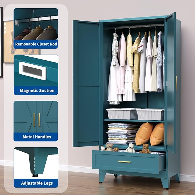 Steel Armoire Wardrobe Closet, 71" Metal Clothing Storage Cabinets with 2 Doors, 1 Drawer & 1 Adjustable Shelf, Blue Wardrobe Cabinet with Hanging Rod for Bedroom, Gym