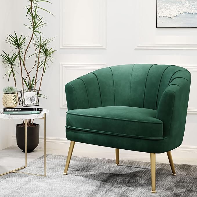 Andeworld Velvet Accent Chair Set of 2, Upholstered Modern Single Sofa Side Chair,Comfy Barrel Club Living Room Armchair with Golden Metal Legs for Bedroom Living Reading Room Office, Green