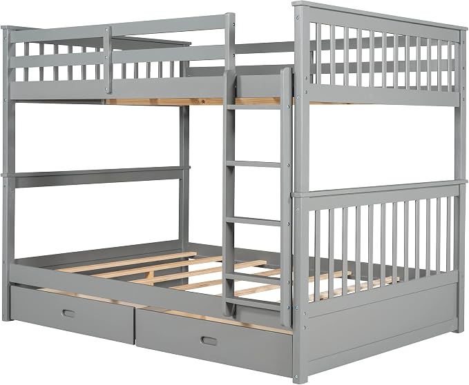 Merax Wood Bunk Bed with Drawers,Convertible Wood Bunk Bed with Ladders and Two Storage Drawers,Solid Wood Detachable Bed Frame with Ladders,Full Over Full,Grey