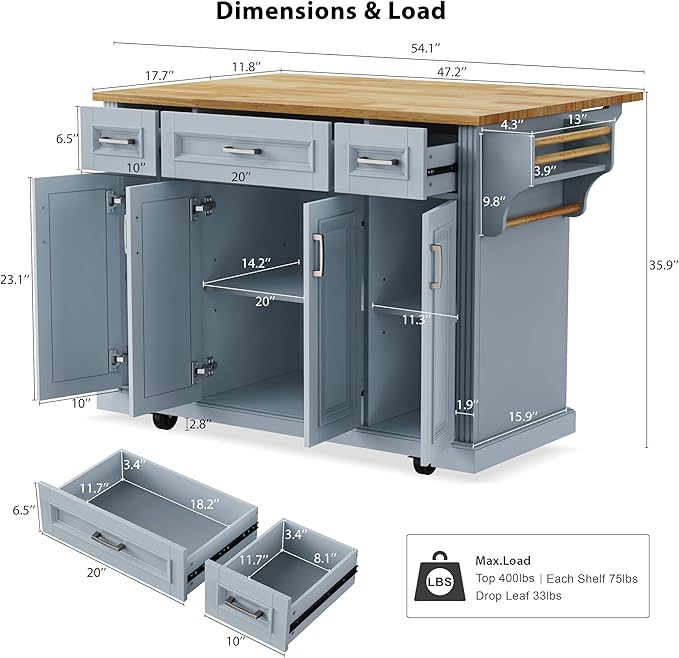 Large Kitchen Island with Rubber Wood Drop Leaf, Rolling Kitchen Cart with Ample Storage on Wheels with Doors and Drawers, Embossed Texture for Dining Room (54Inch, Grey, Silver Handle)