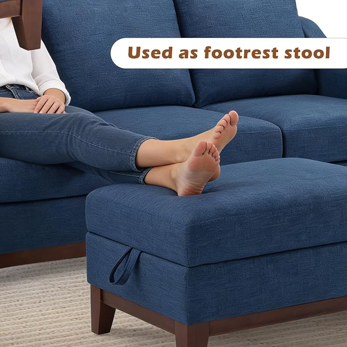 HAOMARKETS Storage Ottoman with Flip-Top Table, Upholstered Soft Fabric Footrest with Storage Space, Stylish Coffee Table with Solid Wood Legs for Living Room, Bedroon,Blue