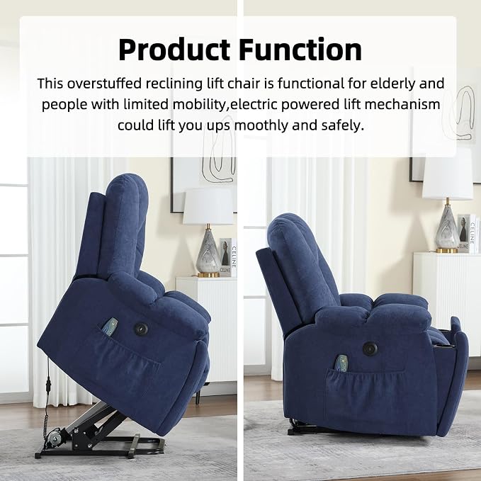 CANMOV Power Lift Recliner Chair with Massage and Heat for Elderly, Overstuffed Wide Recliners, Heavy Duty and Safety Motion Reclining Mechanism with USB Ports, 2 Concealed Cup Holders, Navy Blue