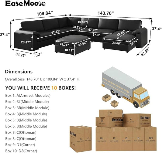 EASE MOOSE Faux Leather Sectional Couch with Ottoman, Oversized Modular Sofa, Vintage Comfy Modular Couch, Scratch Resistant Material Sofas, U Shaped Couch for Living Room, Black