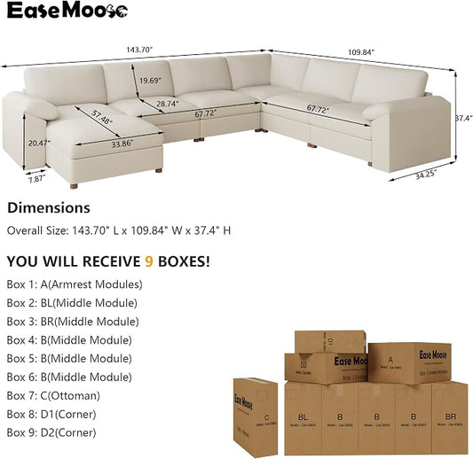 EASE MOOSE Faux Leather Sectional with Ottoman, Oversized Modular Couch, Modular Sectional Sofa with Deep Seat, Scratch Resistant Faux Leather Material, U Shaped Couch for Big Spaces, Beige