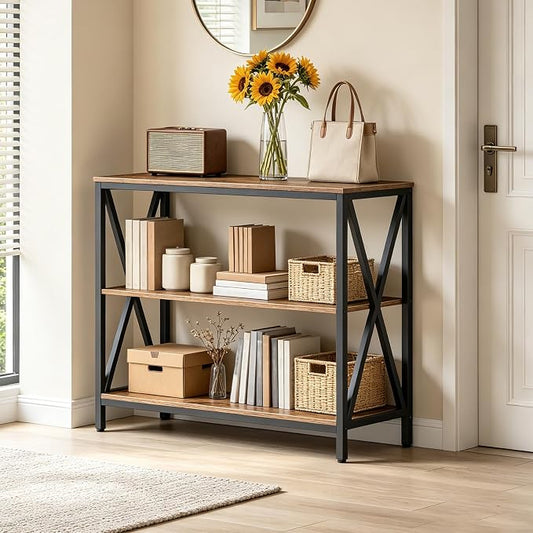 MAHANCRIS 31.5" Sofa Table, Industrial Console Table, 3-Tier Entryway Table, Narrow Sofa Table with Storage Shelves, Foyer Table, Hallway Table for entryway, Living Room, Rustic Brown CTHR8001Z