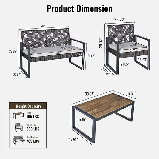 All-Weather 4 Piece Outdoor Rattan Patio Furniture Set (Brown) | Acacia Wood Table & Cushions