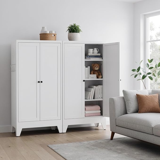 48" H White Steel Pantry Storage Cabinet with 3 Adjustable Shelves | 4-Tier Tall Metal Cabinets for Kitchen, Living Room, Garage, Heavy Duty Freestanding Utility Cabinet, Assembly Required
