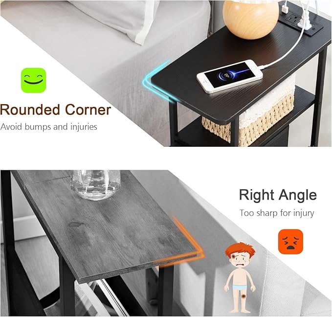 LOAKEKEL Narrow End Tables Living Room Set of 2 with Charging Station, Skinny Side Table with Fabric Drawers, Slim LED Nightstand for Bedroom, Small Spaces, Couch, Black, HETNDP03LBK