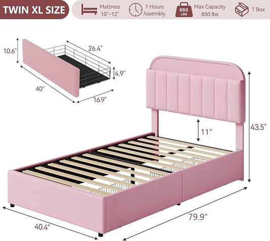 GarveeHome Twin XL Bed Frame with Storage Headboard, Kids Bed Frame with 2 Drawers, Velvet Upholstered Platform Bed Frame with Lights, No Box Spring Needed, Easy Assembly, Velvet Pink