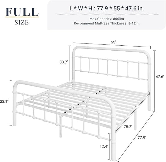Allewie Full Size Metal Platform Bed Frame with Victorian Style Wrought Iron-Art Headboard/Footboard, No Box Spring Required, White