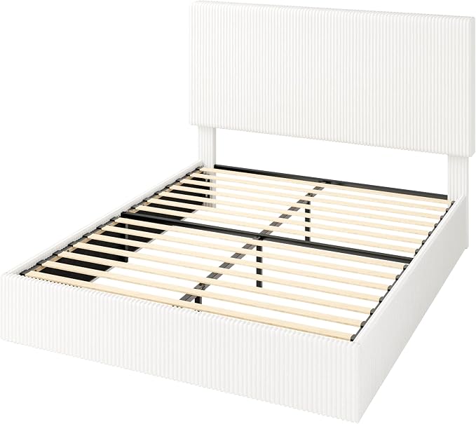 Allewie Full Bed Frame, Upholstered Platform Bed, Adjustable Vertical Channel Tufted Headboard, Corduroy Fabric, Modern Low Profile, Wooden Slats, No Box Spring Needed, Easy Assembly, White