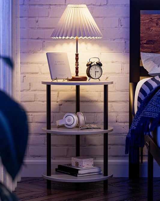 XBurmo Small Round End Table - 3 Tier Design Accent Table, Narrow Side or Bedside Stand, Industrial Vintage Nightstand for Bedroom, Living Room, or Small Spaces, Set of 2, Greige