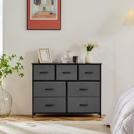 Sweetcrispy 7 Drawer Dresser Storage Organizer with Fabric Bins, Grey | Sturdy Steel Frame and Wood Top, Easy Pull Handles, for Bedroom Closet Hallway Entryway