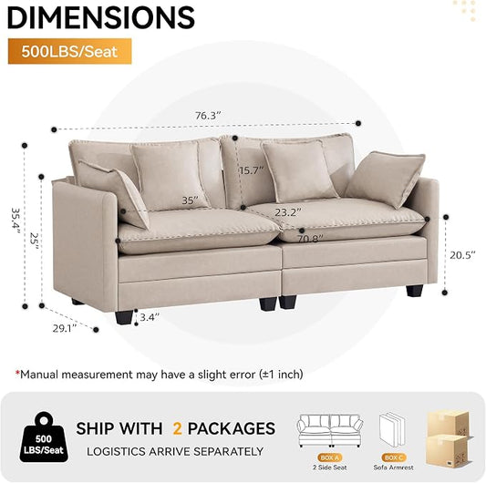 76'' Cloud Deep Seat Loveseat, Upholstered Leather Modular 2-Seats Sectional Sofa Couch, Modern Comfy Settee Loveseat for Living Room Set, Small Apartment, Leather Beige