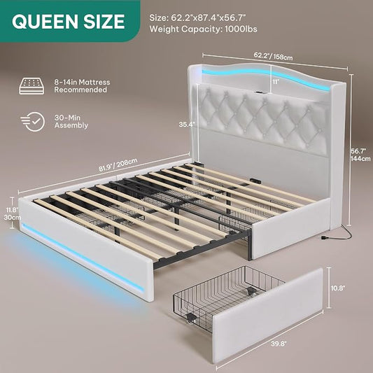 DWVO Queen Size Bed Frame with 4 Storage Drawers and RGB LED Lights, 57'' Tall Headboard Velvet Upholstered Bed with Charging Station, No Box Spring Needed, Easy Assembly, Noise-Free, White