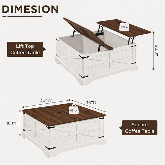 JXQTLINGMU Farmhouse Lift-Top Coffee Table with Large Storage, 36" Square Wood Living Room Table with Hidden Compartment and Raised Dining Surface, White and Brown