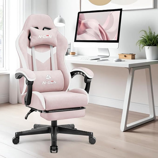 N-GEN GAMING Video Gaming Chair with Footrest Lumbar Support for Home Office High Back Recliner Height Adjustable Ergonomic Comfy Fabric Computer Desk Chair (Pink)