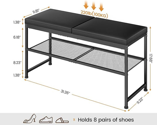 DAOUTIME Shoe Rack Bench, 2-Tier Shoe Storage Organizer with PU Seat Cushion, Entryway Bench with Height-Adjustable Metal Mesh Shelves, Modern Bench Seat for Bedroom Living Room Hallway Foyer, Black