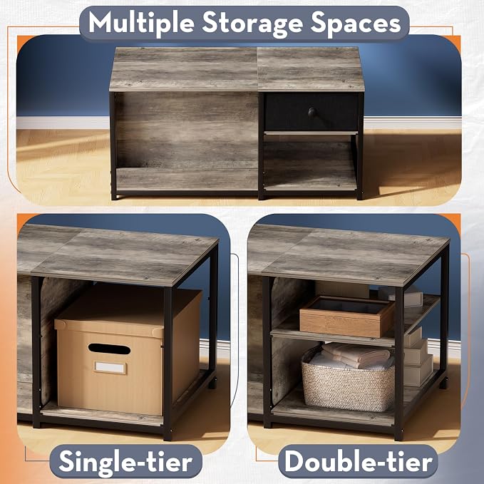 SINPAID Coffee Table with Storage, Rectangular Coffee Tables for Living Room, Farmhouse Coffee Table with Hidden Storage Compartment and Adjustable Shelves, Grey Wash