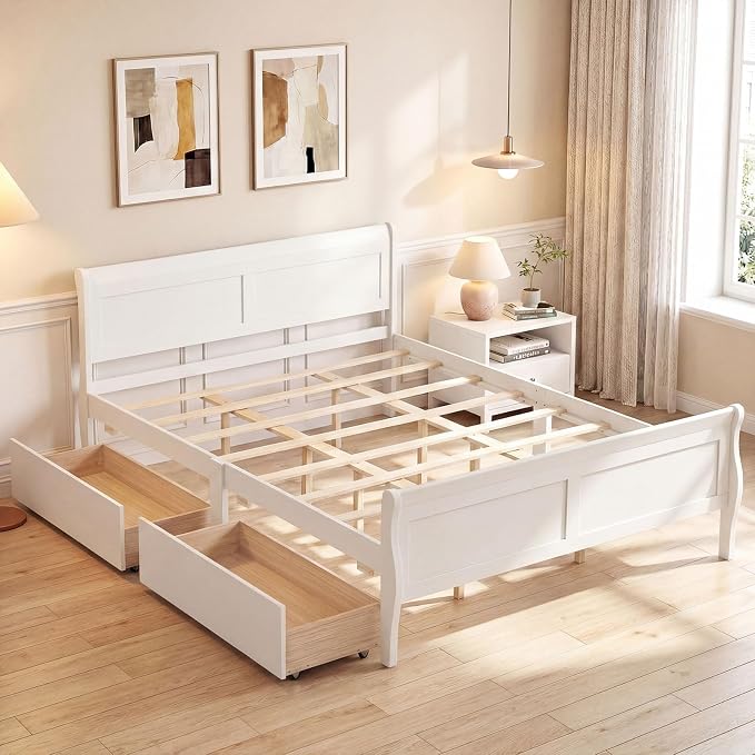 Giantex Queen Bed Frame with 2 Storage Drawers, Wood Platform Bed w/Headboard & Footboard, Wooden Slats Support Mattress Foundation, Sleigh Bedframe for Teens Adults, No Box Spring Needed (White)
