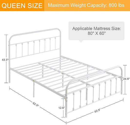 VECELO White Metal Bed Frame Queen Size with Vintage Headboard and Footboard, No Box Spring Needed, Premium Stable Steel Slat Support Mattress Foundation