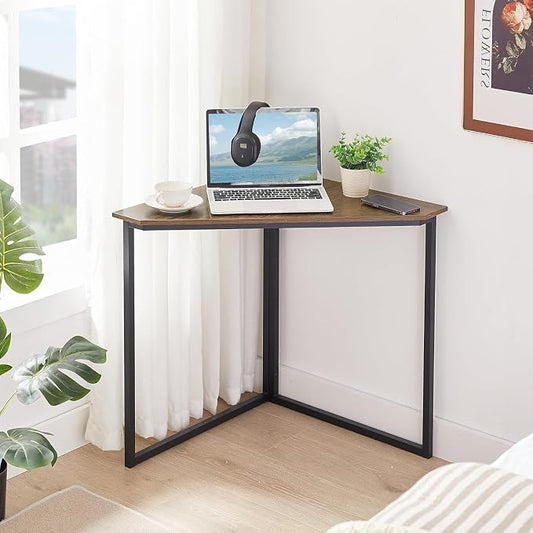 VECELO Corner Desk,Office Tables for Living Room for Small Space Triangle Computer Desk with Steel Frame Corner Shelves with Metal Frame Writing Desk for Workstation Rustic Brown 33.1" 2 Set