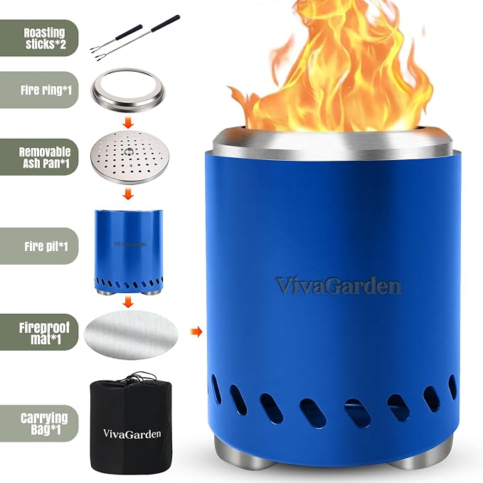 Smokeless Tabletop Fire Pit, VivaGarden Portable Outdoor Fire Pit for Camping, Patio, Backyard, Wood and Pellets Burning Camping Stove with Carry Bag, Forks, Mat and Pot Stand (9.7x7.1 Inch, Blue)