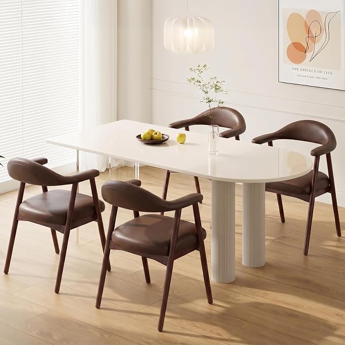 MALOL Leather Dining Chair with Armrest Set of 4, Upholstered Dining Room Chair with Curved Back and Wood Legs, Mid Century Modern Kitchen Chairs for Kitchen Dining Room,Dark Brown