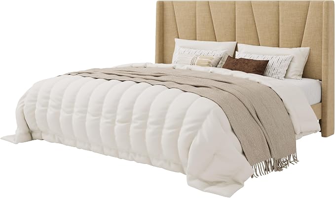 SHA CERLIN King Size Bed Frame with Geometric Wingback Headboard, Upholstered Platform Bed with 8" Under-Bed Space, No Box Spring Needed, Easy Assembly, Beige