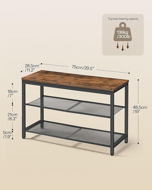 HOOBRO Shoe Bench, 3-Tier Shoe Rack, Industrial Shoe Organizer Storage Bench, 29.5 inches Entry Bench with Mesh Shelves, for Entryway, Living Room, Hallway, Easy Assembly, Rustic Brown BF75HX01