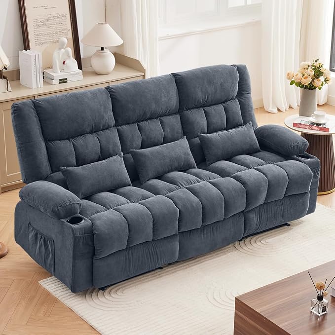 MAHOMICO Recliner Sofa with Cup Holders for Living Room 3 Seat Manual Oversized Recliner Chiar with Ergonomic, Side Pocket for Adult