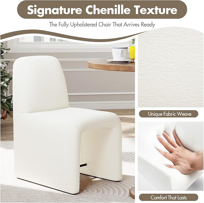 Hyfirm Upholstered Dining Chairs Set of 6, Modern Armless Desk Chair with Metal Footrest for Diningroom Bedroom Livingroom Reading Room,White Fabric