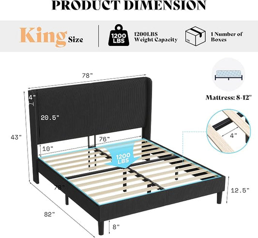 AMERLIFE King Bed Frame, Upholstered Platform Bed with Corduroy Headboard, Easy Assembly Modern Black Bed Frame with Wooden Slats Support, No Box Spring Needed