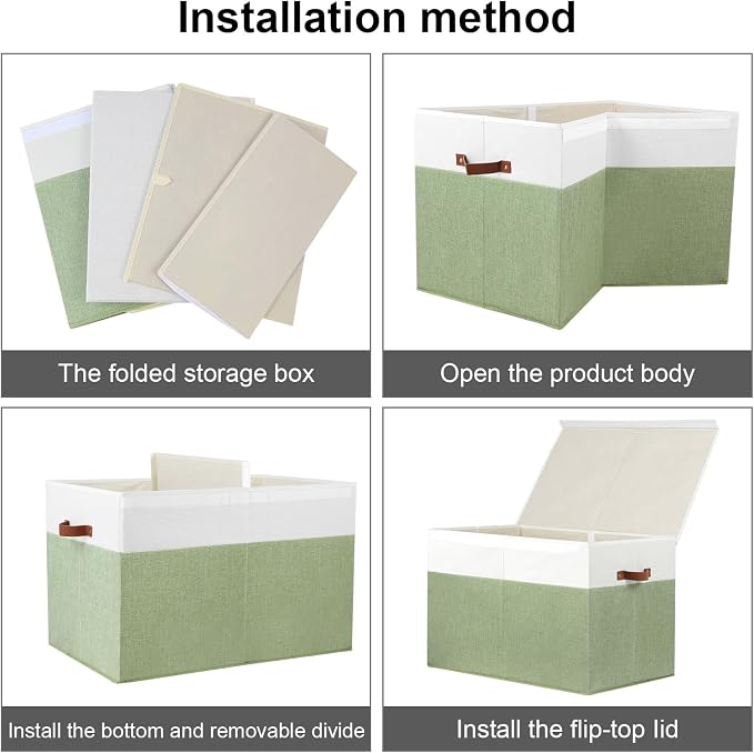 Gowee Large Toy Storage Box with Lid, Sturdy Toys Storage Chest Bin Organizer Basket with Dividers for Kids, Boys, Girls, Nursery, Closet, Bedroom, Playroom 26"x17" x17" (Green and White)