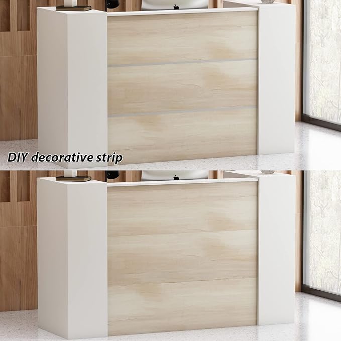 AIEGLE Large Reception Desk with Counter, Retail Counter with Private Lockable Storage & Adjustable Shelves, for Salon Reception Room Checkout Office, Natural and White (70.9" W)