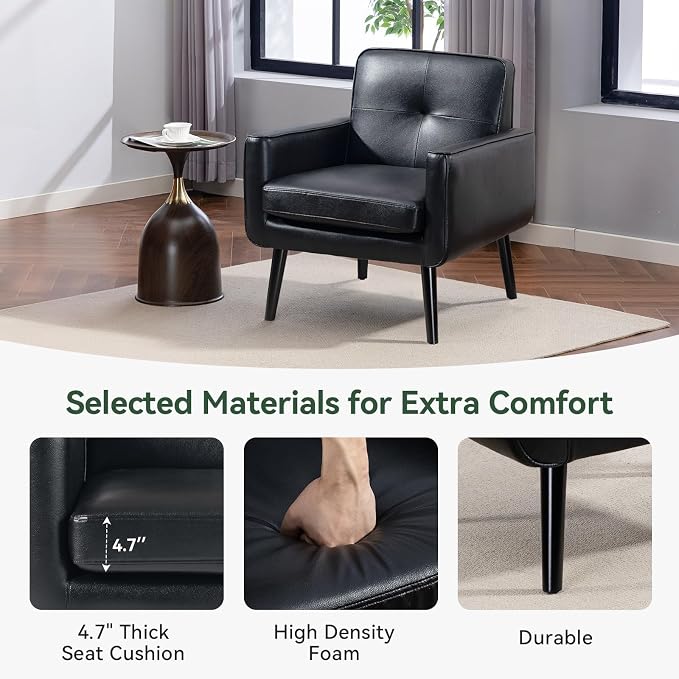Vogue Furniture Direct Mid Century Accent Chair, PU Leather Modern Chair with Wooden Frame, Cozy Armchair Reading Chair with Comfy Back for Apartment, Living Room, Bedroom, Small Space, Corner, Black