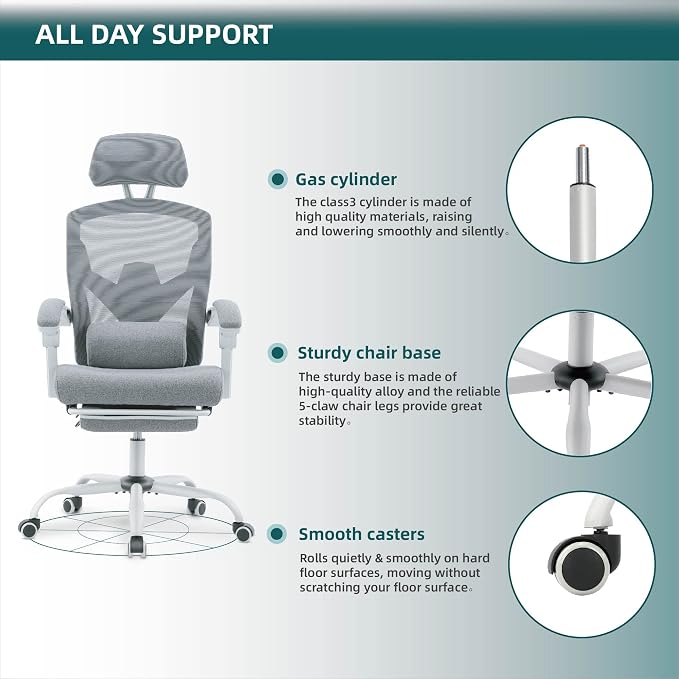 DUMOS Home Office Desk Chair with Footrest, High-Back Mesh Rolling Swivel Reclining Chairs with Wheels, Comfortable Headrest, Lumbar Support, Comfy Arms for Home, Office, Gaming, Student,Elegant Grey