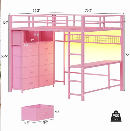 ADORNEVE Loft Bed Full Size with Desk and 8 Storage Drawers, LED Metal Loft Bed with Power Outlet, 2 Shelves & Clothing Rack, Bed with Safety Guardrail & Ladder,Space-Saving, Pink