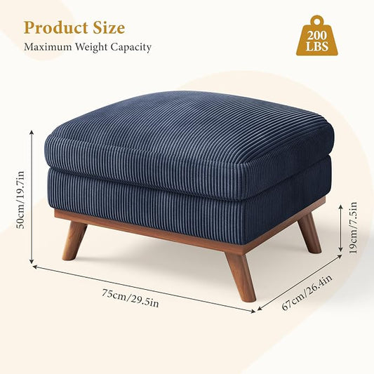 Vesgantti Large Ottoman for Modular Sofa, 29.5" Corduroy Ottoman with Spring Cushion, Rectangle Foot Rest for Couch, Entrance Footstool with Wood Legs, Footstool for Living Room, Bedroom, Dark Blue