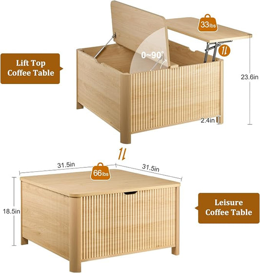 LYNCOHOME 31.5" Fluted Lift Top Coffee Table with Storage, Square Coffee Tables for Living Room, Coffee Table with Large Hidden Storage Compartment and Adjustable Shelves,Natural